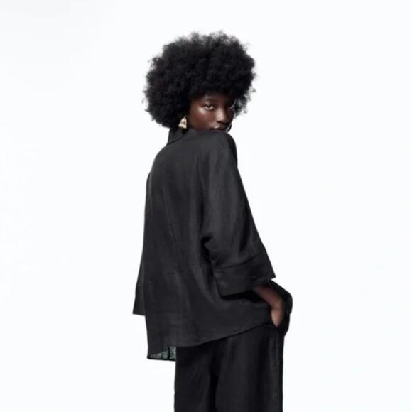 Zara Black Linen Boxy Button-Front Shirt - Picture 2 of 7